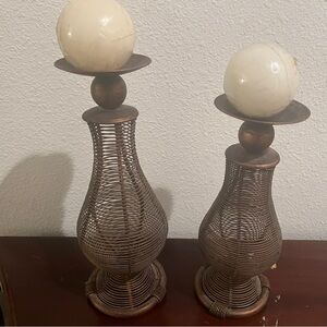 Set of 2 Vintage Style Metal Candle Holders with Decorative Stone Spheres Rusti